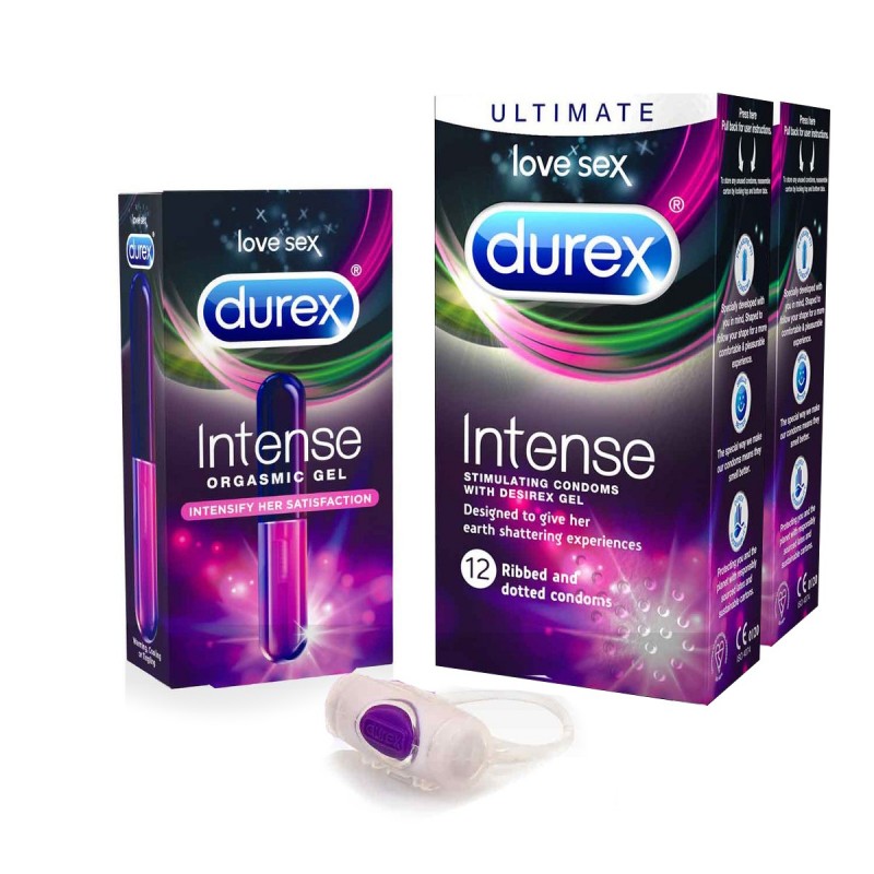 Pack de place Durex, 24 Condones + Gel + Anillo Intense