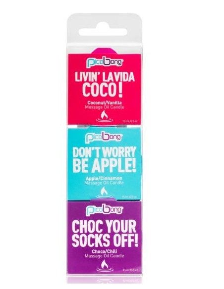 Pack 3 Velas de Masaje Pico Bong | Chocolate/Chili, Coco/Vainilla y Manzana/Canela